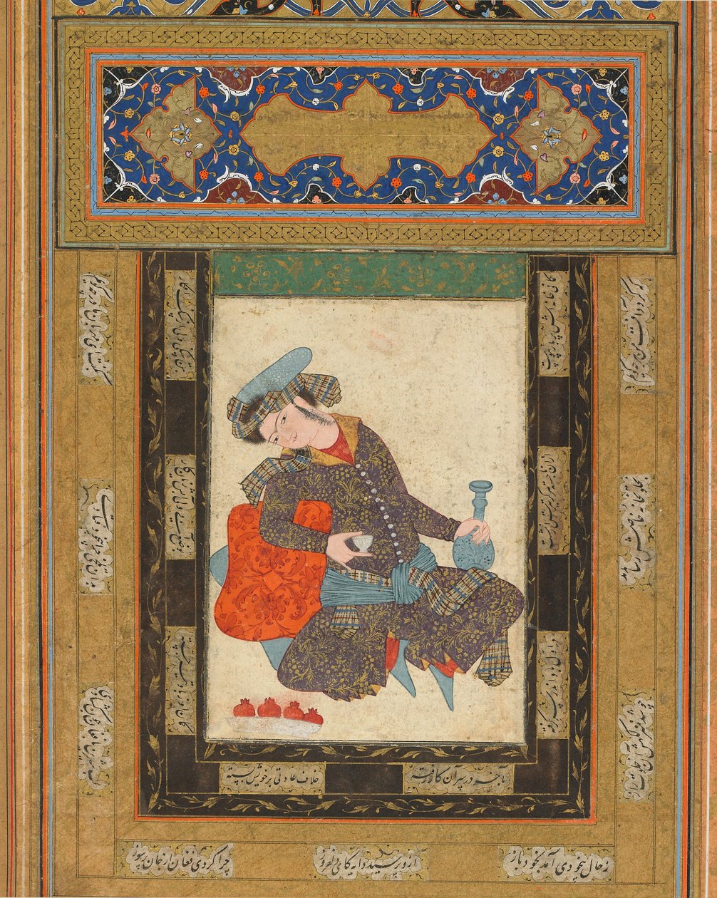 A Reclining Youth, Iran, Safavid-perioden, ca. 1600-10 (ugjennomsiktig akvarell, blekk og gull på papir) av Persian School