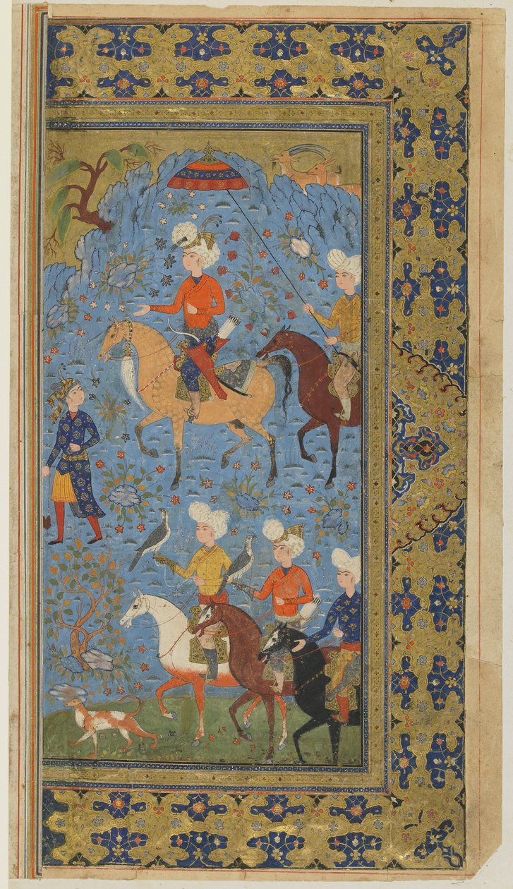 A Royal Hunt from a Shahnama (Book of kings) av Firdawsi, ca. 1590-1600 (blekk, ugjennomsiktig akvarell og gull på papir) av Persian School