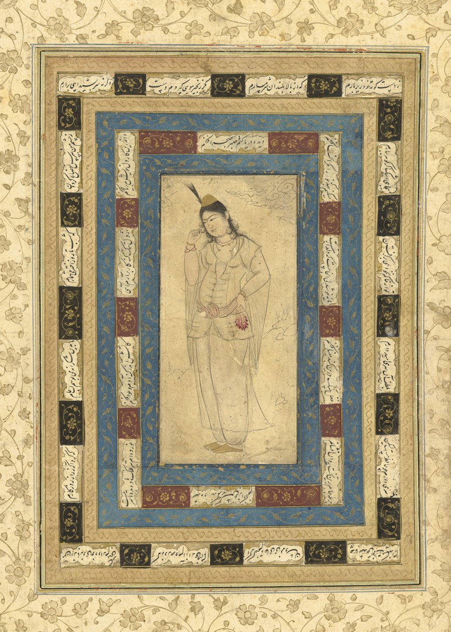 A Standing Lady, Isfahan, ca. 1620-25 (blekk, ugjennomsiktig wc og gull på papir) av Persian School