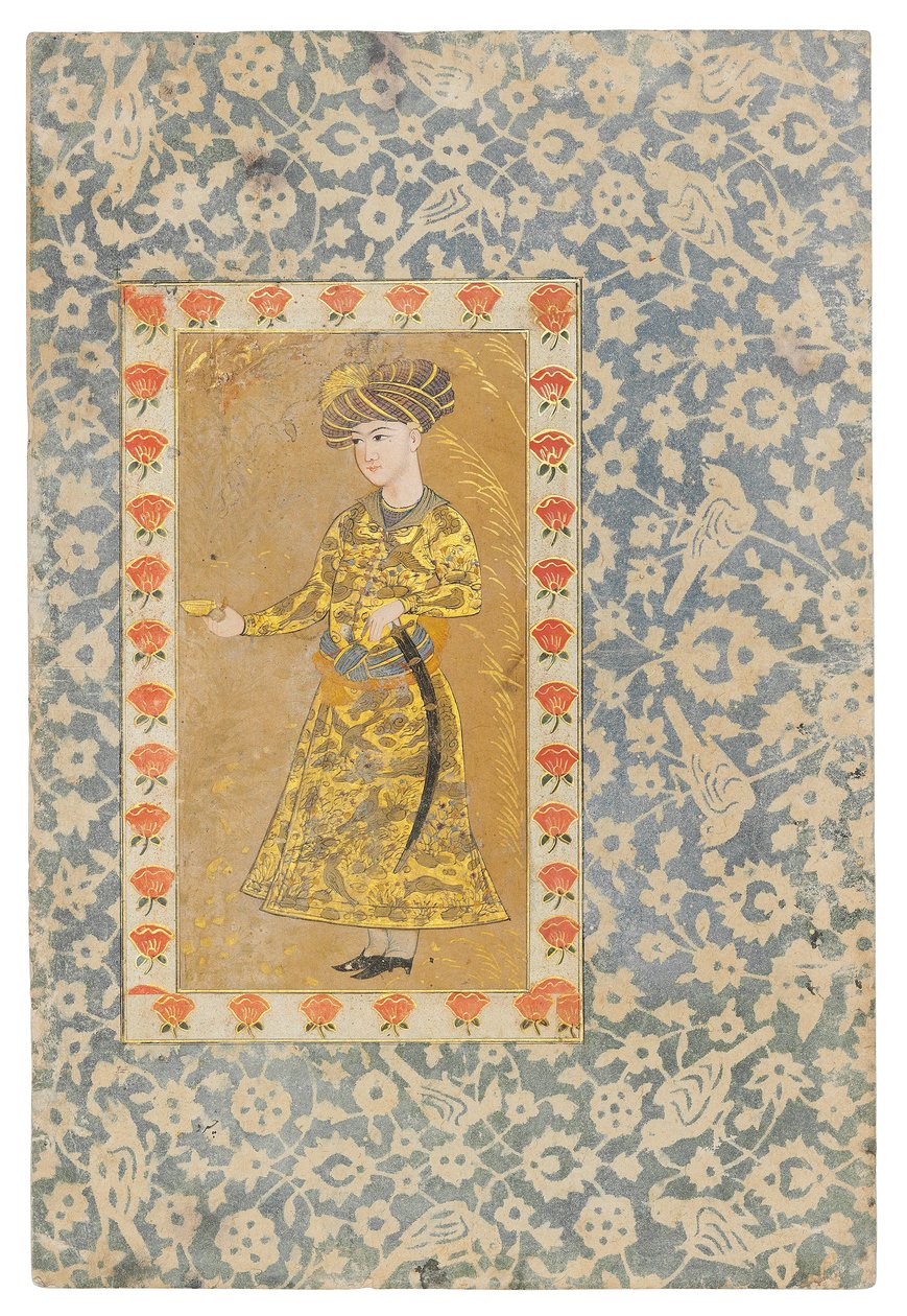 A Youth Holding a Wine Cup, Safavid Isfahan (ugjennomsiktige pigmenter forsterket med gull på papir) av Persian School