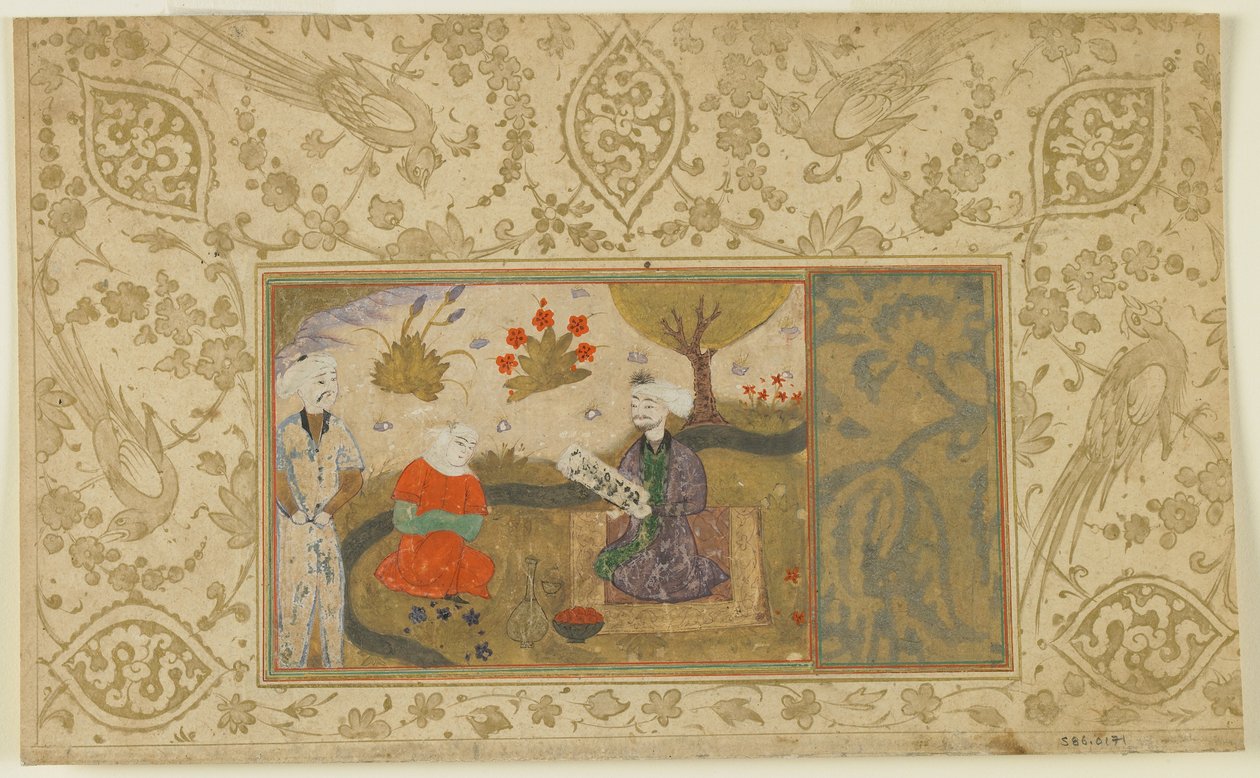 Et par samtaler ved en bekk, ca. 1500 (ugjennomsiktig akvarell, blekk og gull på papir) av Persian School