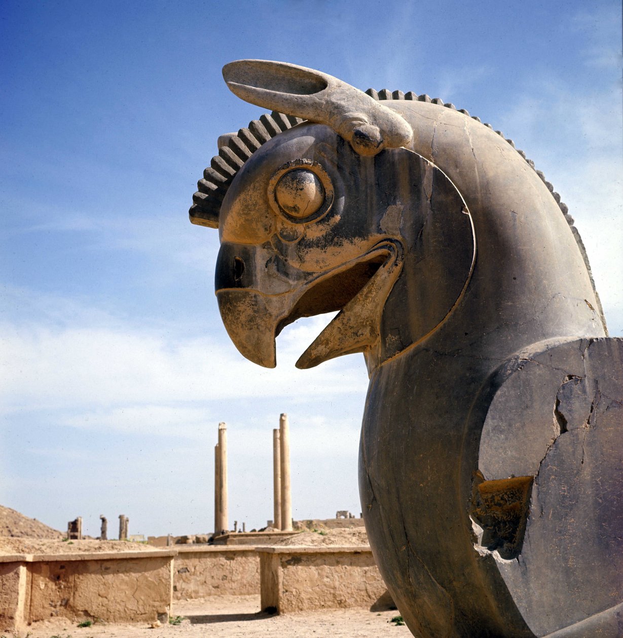 En griffon, legendarisk skapning halvt ørn, halvt løve. Kolonne av Apadana, stor rettssal, overvunnet av disse hovedstedene, palasset til Darius I, Persepolis, Iran. av Persian School