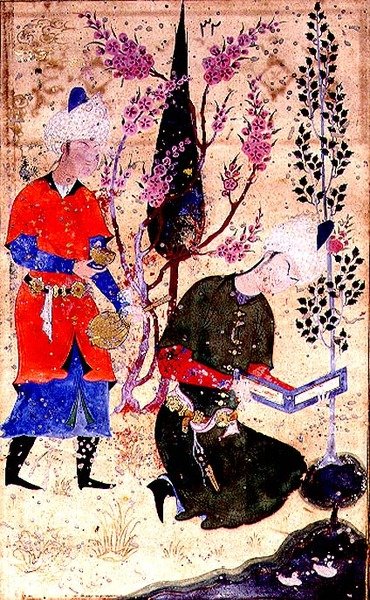 En sittende prins leser mens en tjener serverer vin, fra Tohfat Al-Ahrar, Bokhara-skolen av Persian School