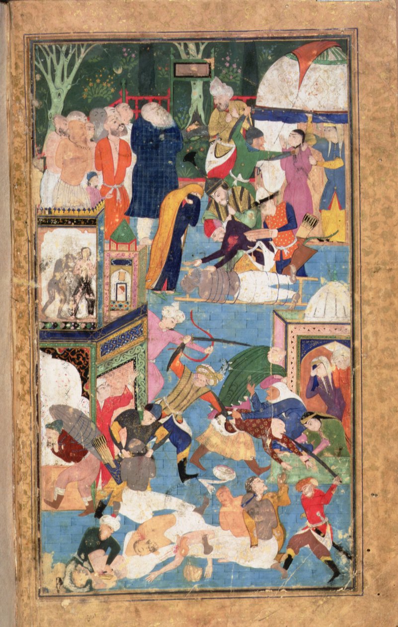 Legg til 22703 fol.52v The Sacking of Isfahan i 1387 som viser Timurs styrker som plyndrer, plyndrer og drap av Persian School