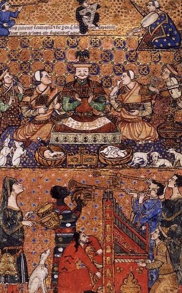 Legg til 27696 f.13 Linjal tronet med ledsagere og musikere, skrevet i Genova, sent på 1300-tallet av Persian School