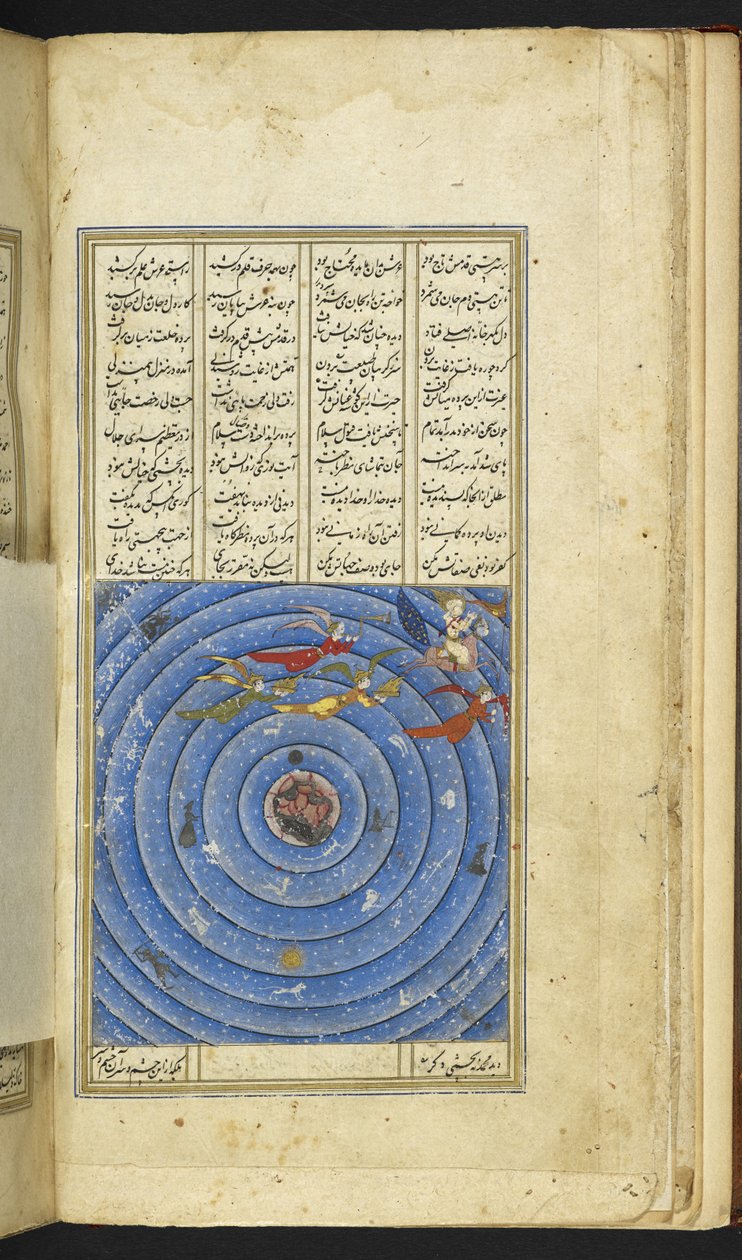 Legg til 6613 f.3v Profeten på Burāq guidet av Jibrā'īl og eskortert av engler som stiger opp til himmelen. Konstellasjonene, stjernetegnene og de syv himlene er alle avbildet, fra 'Makhzan al-Asrār' av Niẓāmi av Persian School
