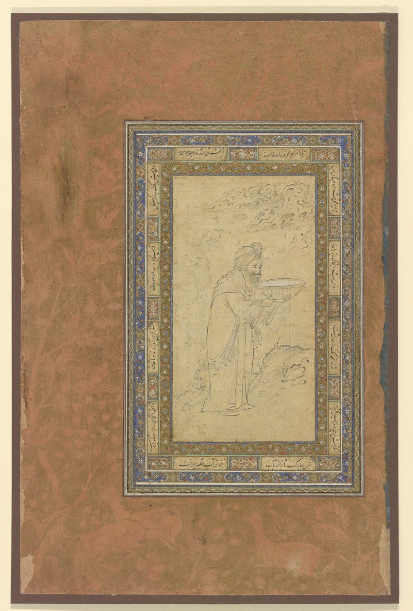 En gammel mann bærer en skål, ca.1610-15 av Persian School