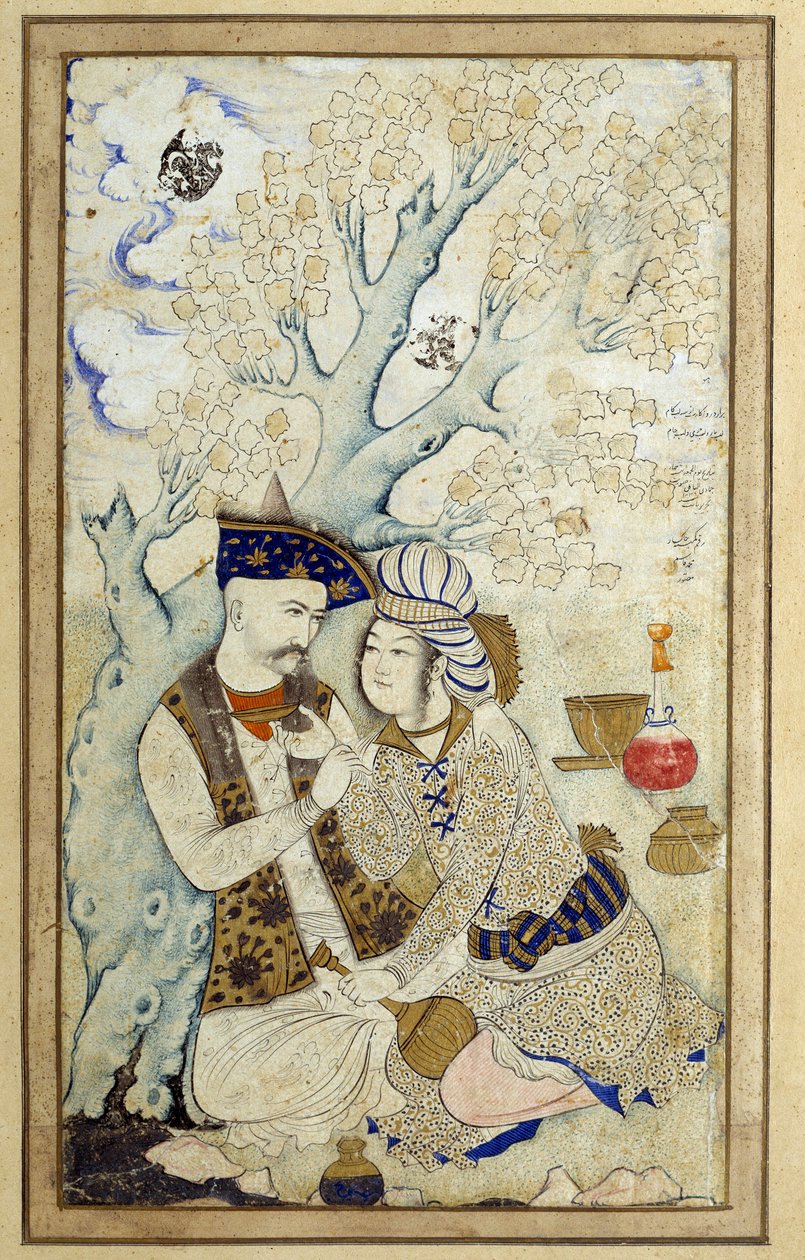 Art Islam: Portrett av Shah Abbas I som omfavner en av sidene hans. Persisk tegning av 1672. Mål: 0,16 x 0,27m. Paris, Musée du Louvre av Persian School