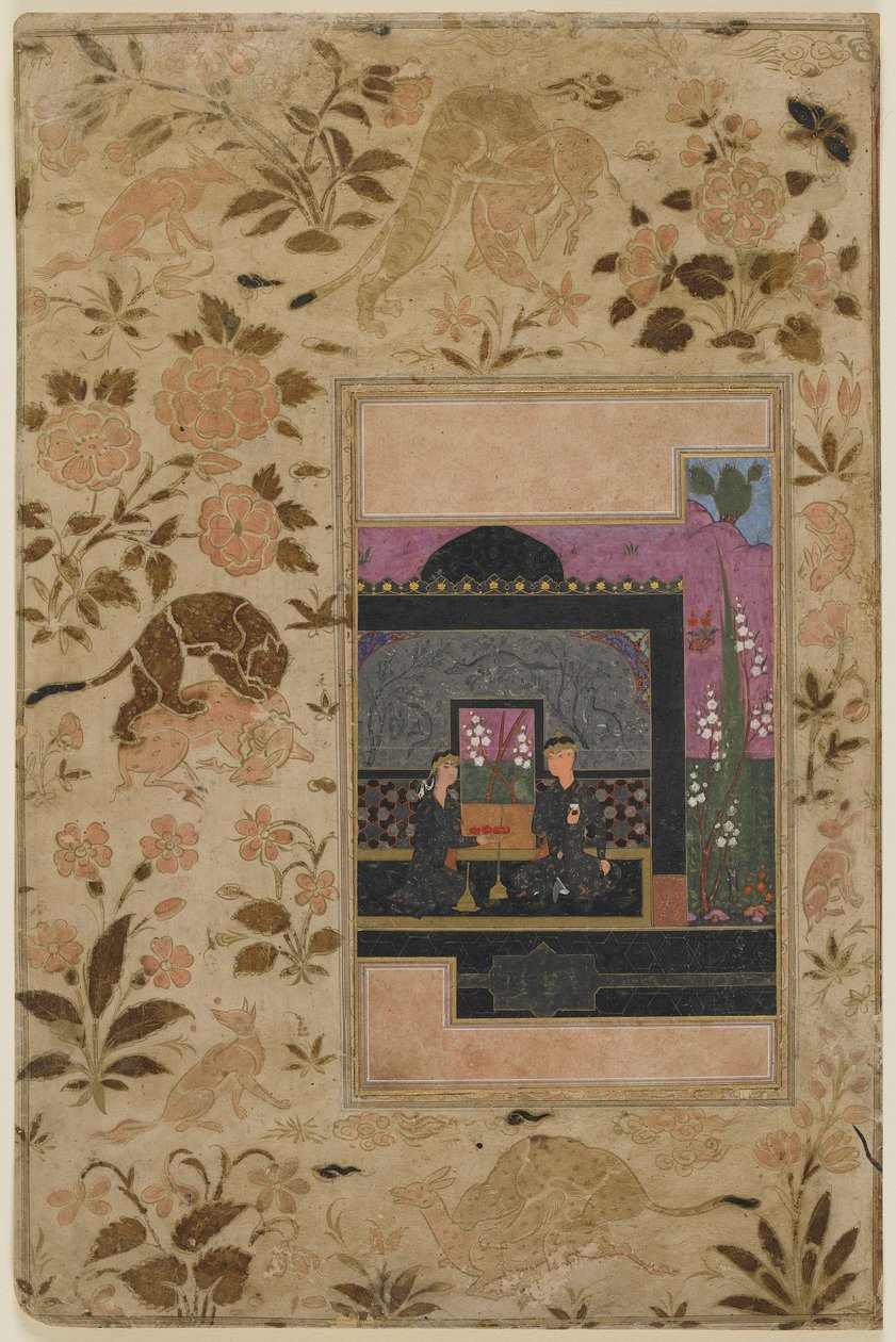Bahram Gur og prinsessen i den svarte paviljongen, ca. 1590 (ugjennomsiktig akvarell, blekk og gull på papir) av Persian School