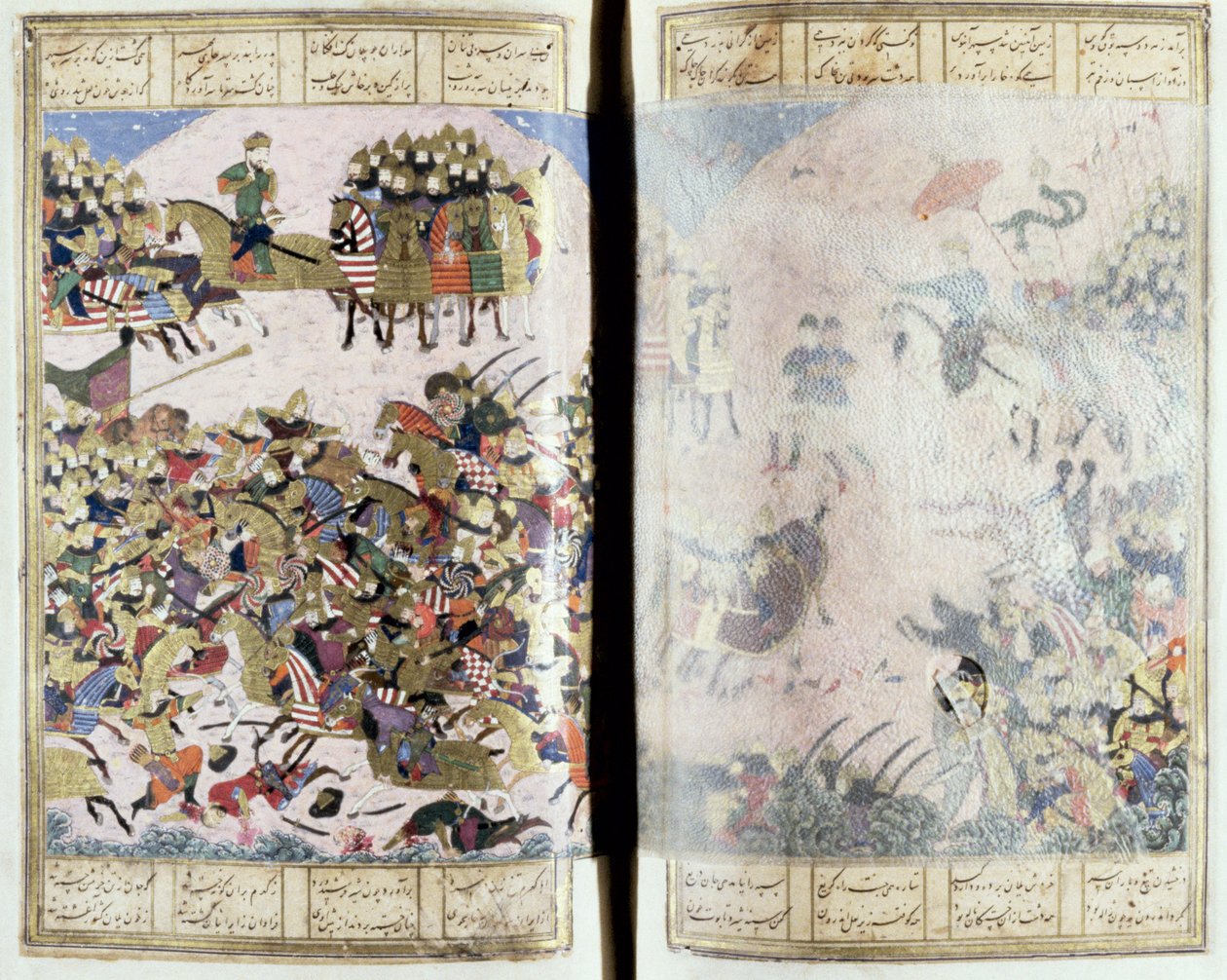 Battle Between Isfandiyar og Arjasp, illustrasjon fra Shahnama (Kongenes bok), av Abul-Qasim Manur Firdawsi (ca.934-c.1020) ca.1440-45 (penn, blekk og wc på vellum) av Persian School