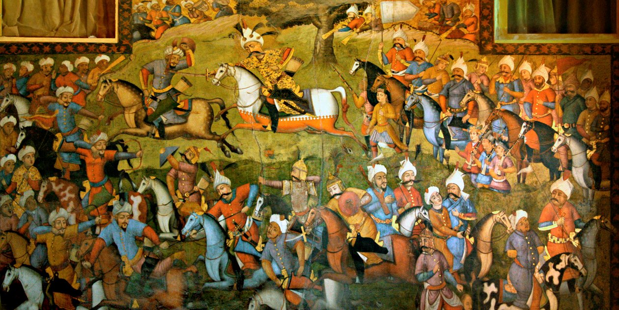 Slaget ved Taher-Abad eller slaget ved Merv med seier til Shah Ismail I over Muhammad Shaybani Khan, mottakshallen, Chehel Sotun, 1647 av Persian School