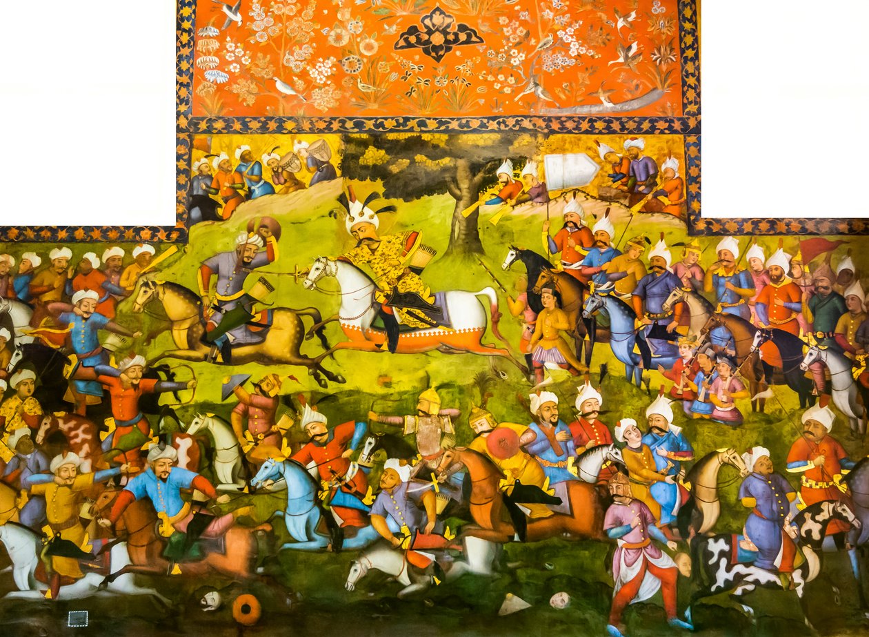 Slaget ved Taher-Abad eller slaget ved Merv med seier til Shah Ismail I over Muhammad Shaybani Khan, mottakshallen, Chehel Sotun, 1647 av Persian School
