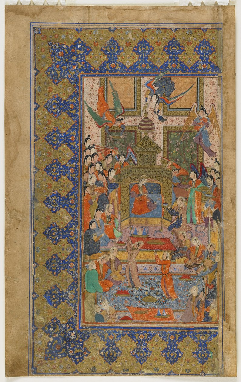 Bilqis tronet fra en Khamsa (kvintett), ca. 1560 (ugjennomsiktig akvarell, blekk og gull på papir) av Persian School