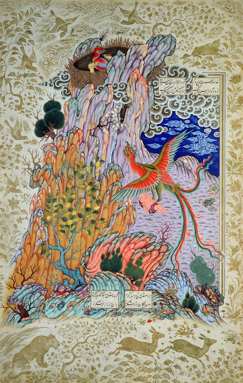 CBL Per 277.12 Zal blir reddet av den mytiske Simurgh, fra en kopi av Shahnama, sent på 1500-tallet (gouache og wc på papir) av Persian School