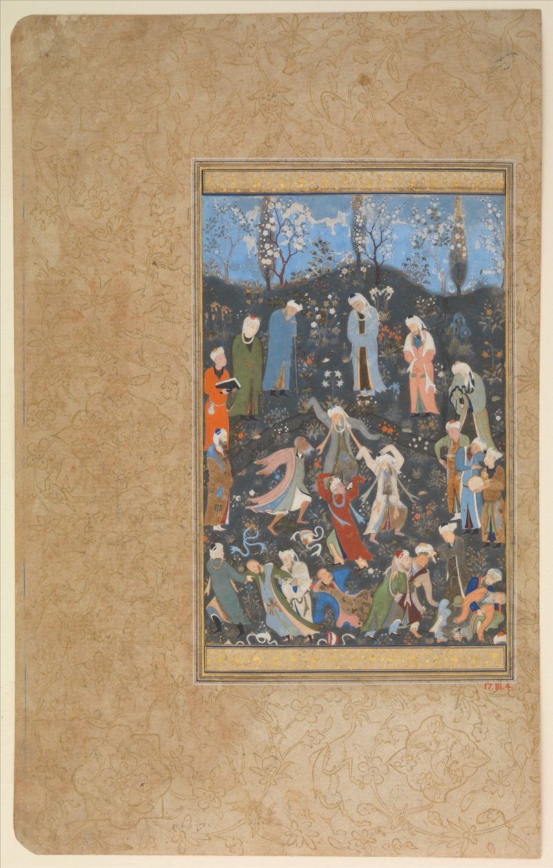 "Dancing Dervishes", Folio fra a Divan of Hafiz, ca. 1480 (ugjennomsiktig akvarell og gull på papir) av Persian School