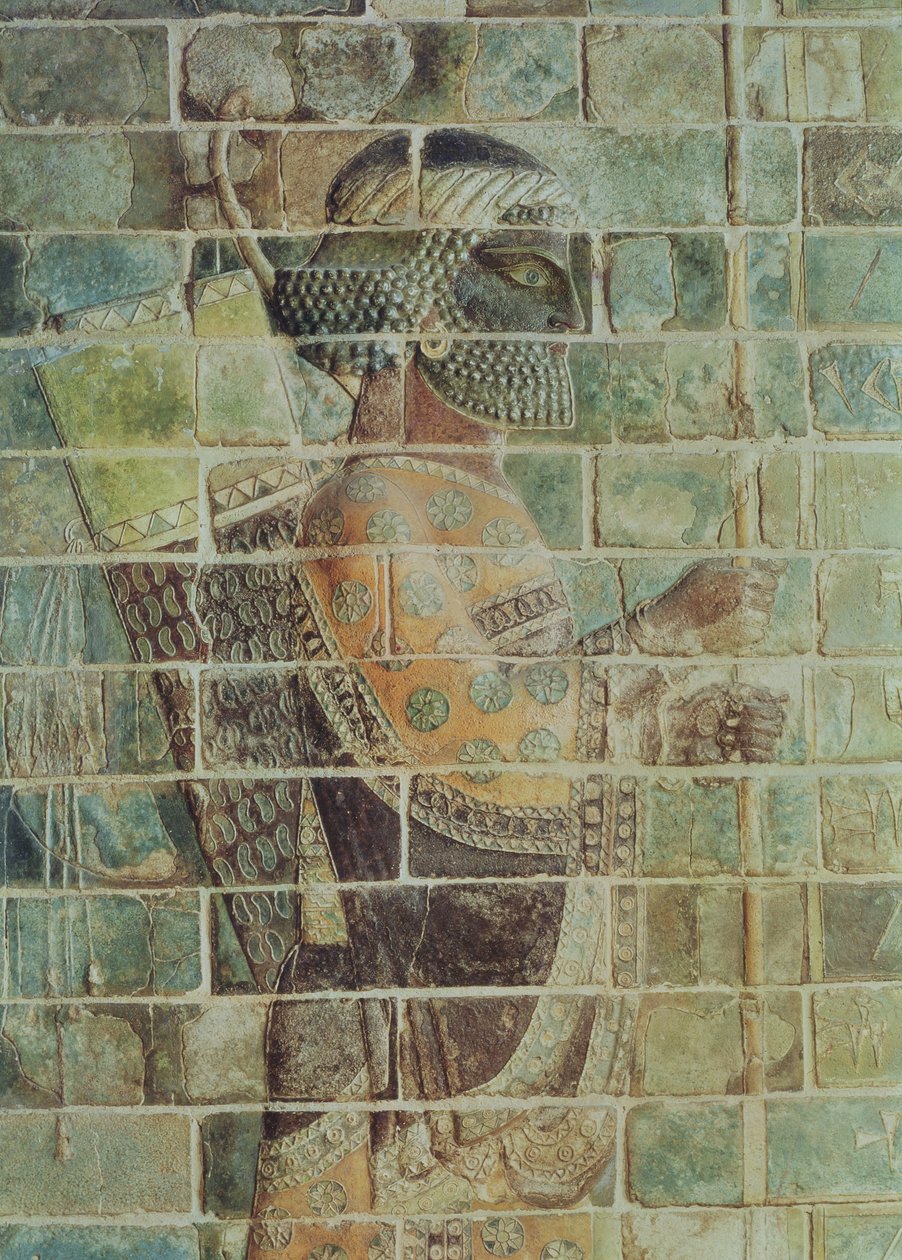 Detalj av en bueskytter fra en frise, fra palasset til Darius den store (548-486 f.Kr.) i Susa, Iran, Achaemenid Period, ca. 500 f.Kr. (glaserte murstein) av Persian School