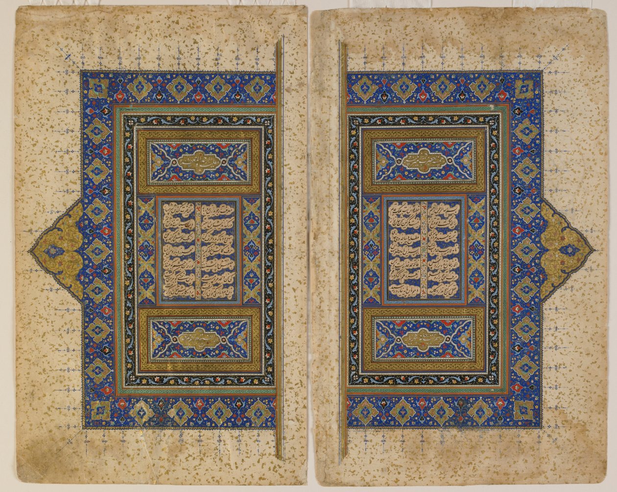 Dobbeltsidet frontispice fra en Khamsa (kvintett) av Amir Khusraw Dihlavi, Tabriz, Iran, Safavid-perioden, 1530-40 (ugjennomsiktig akvarell, blekk og gull på papir) av Persian School