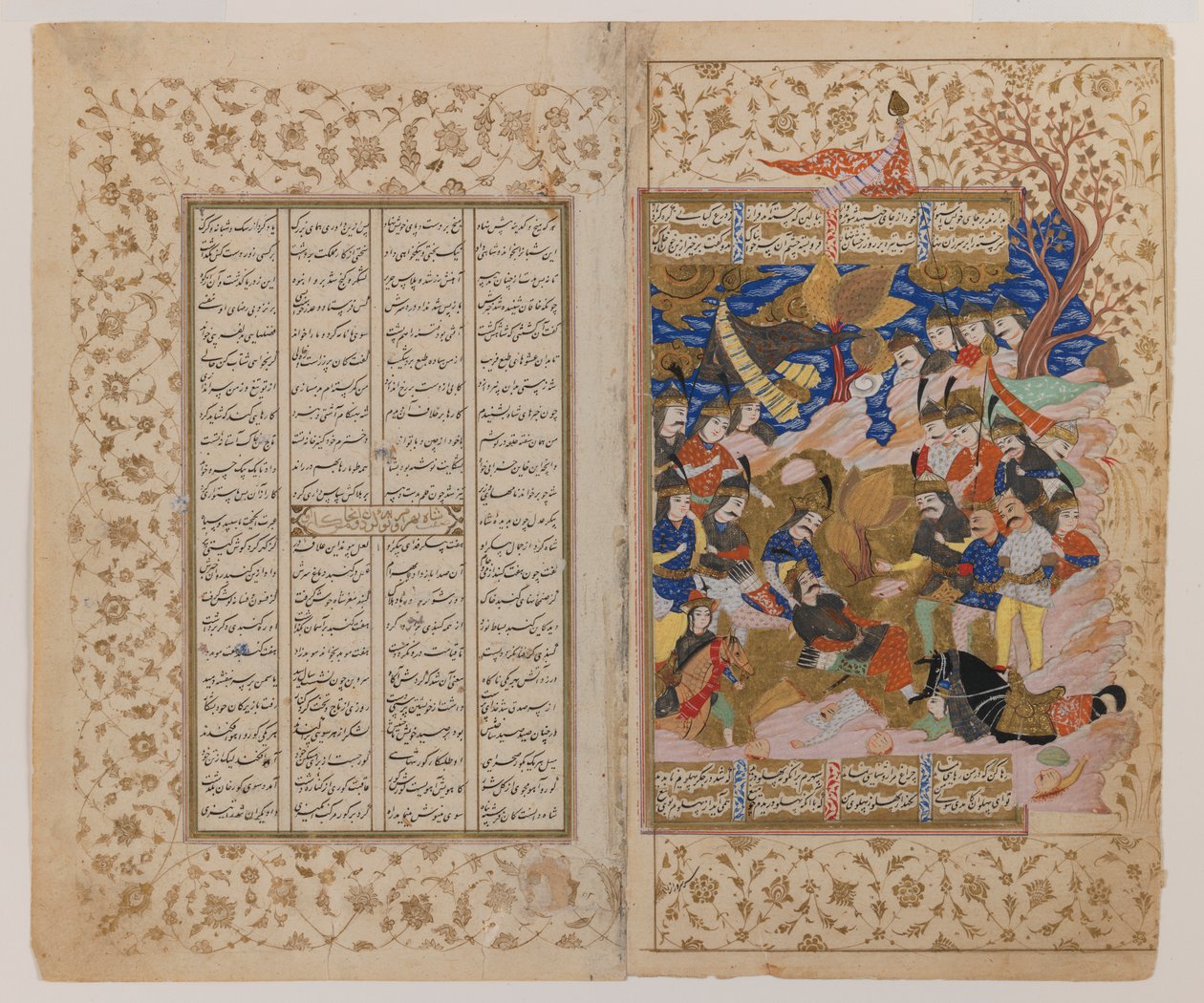 Dobbeltside med illustrasjon fra et Shahnamah-manuskript, sent på 1600-tallet (blekk, gouache og gull på pergamentpapir) av Persian School
