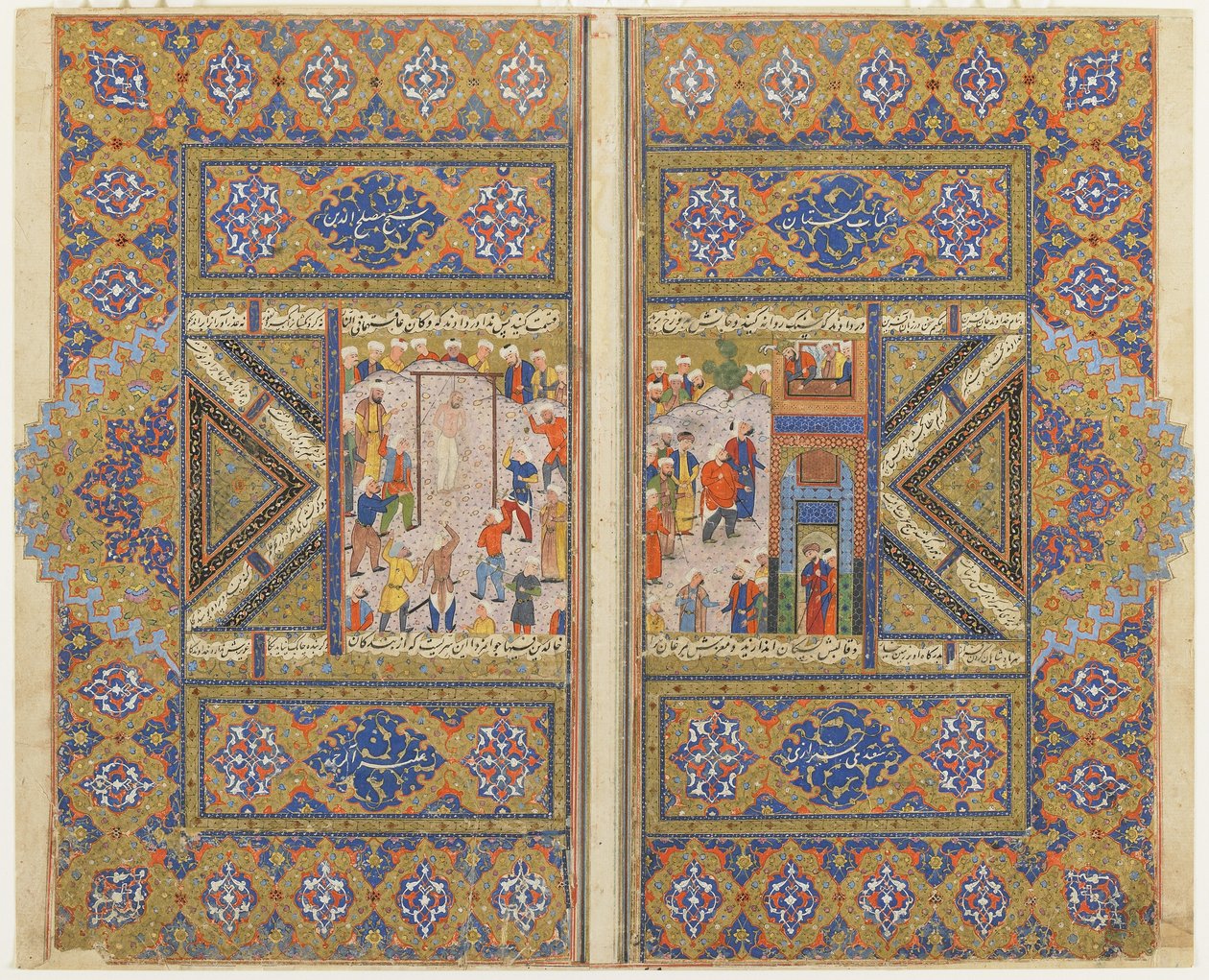 Henrettelse av israelitten Barsisa fra en Bustan (frukthage), ca. 1580 (blekk, ugjennomsiktig akvarell og gull på papir) av Persian School