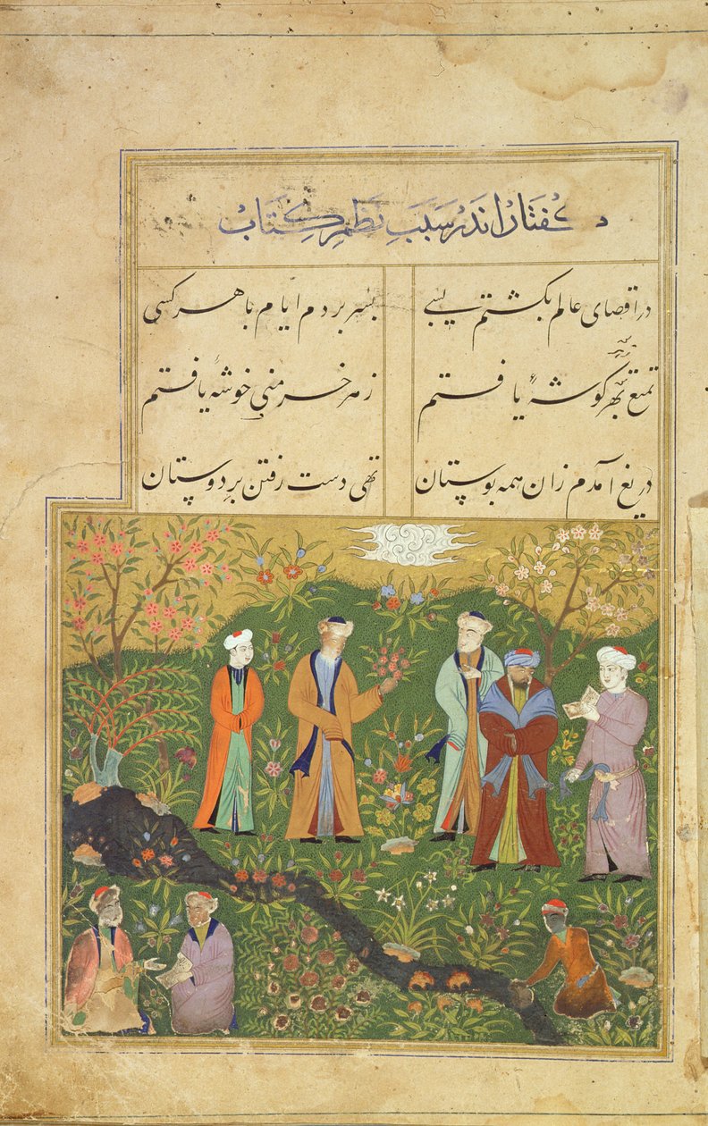 Folio 39, En hagescene, fra Bustan of Sadi (The Flower-garden of Sadi) et berømt persisk verk av moralske fortellinger, av poeten Muslih ad-Din Sadi, Mandu av Persian School