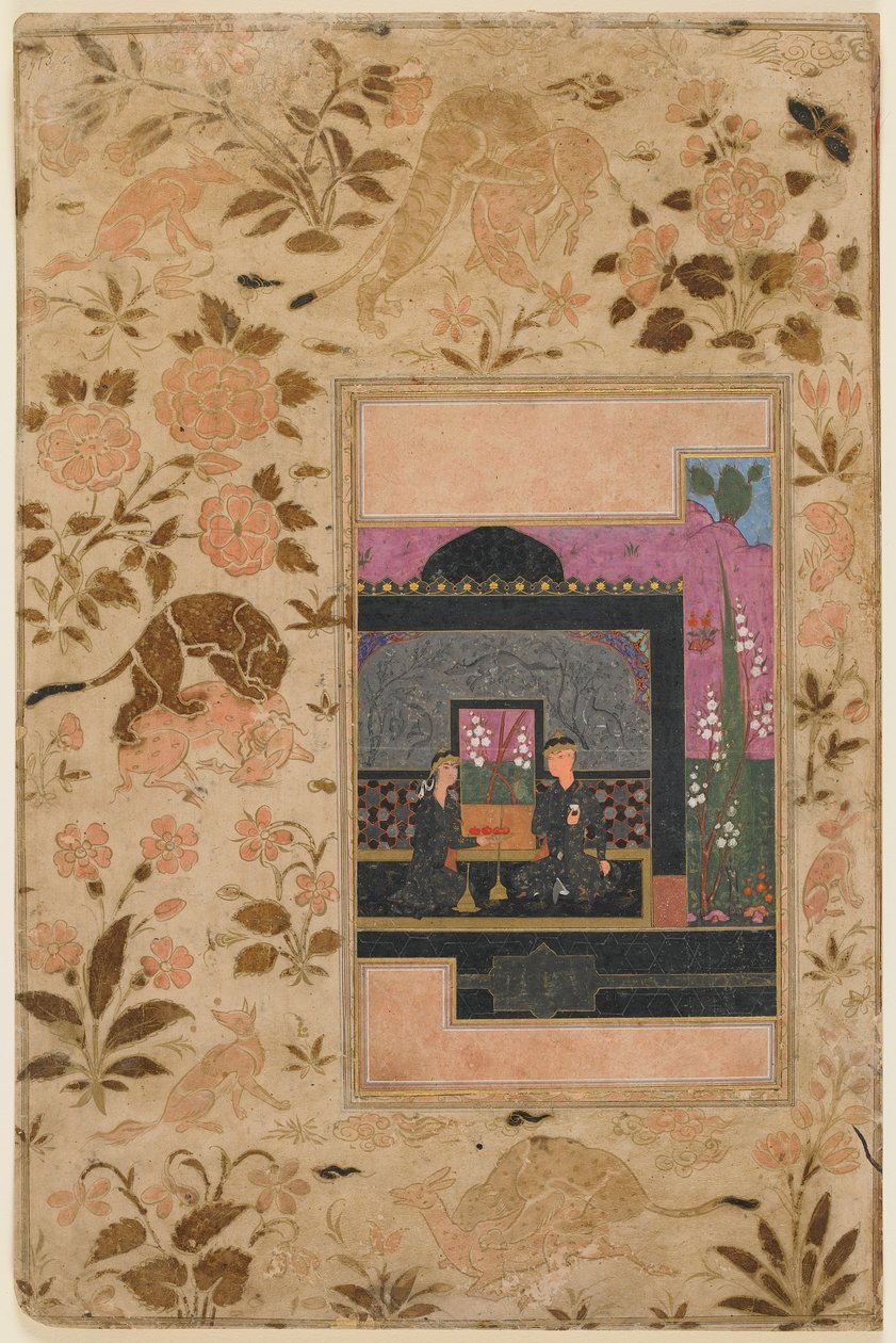 Folio fra en Haft paykar; Bahram Gur og prinsessen i den svarte paviljongen, Qazwin, Iran, ca 1590 (ugjennomsiktig akvarell, blekk og gull på papir) av Persian School