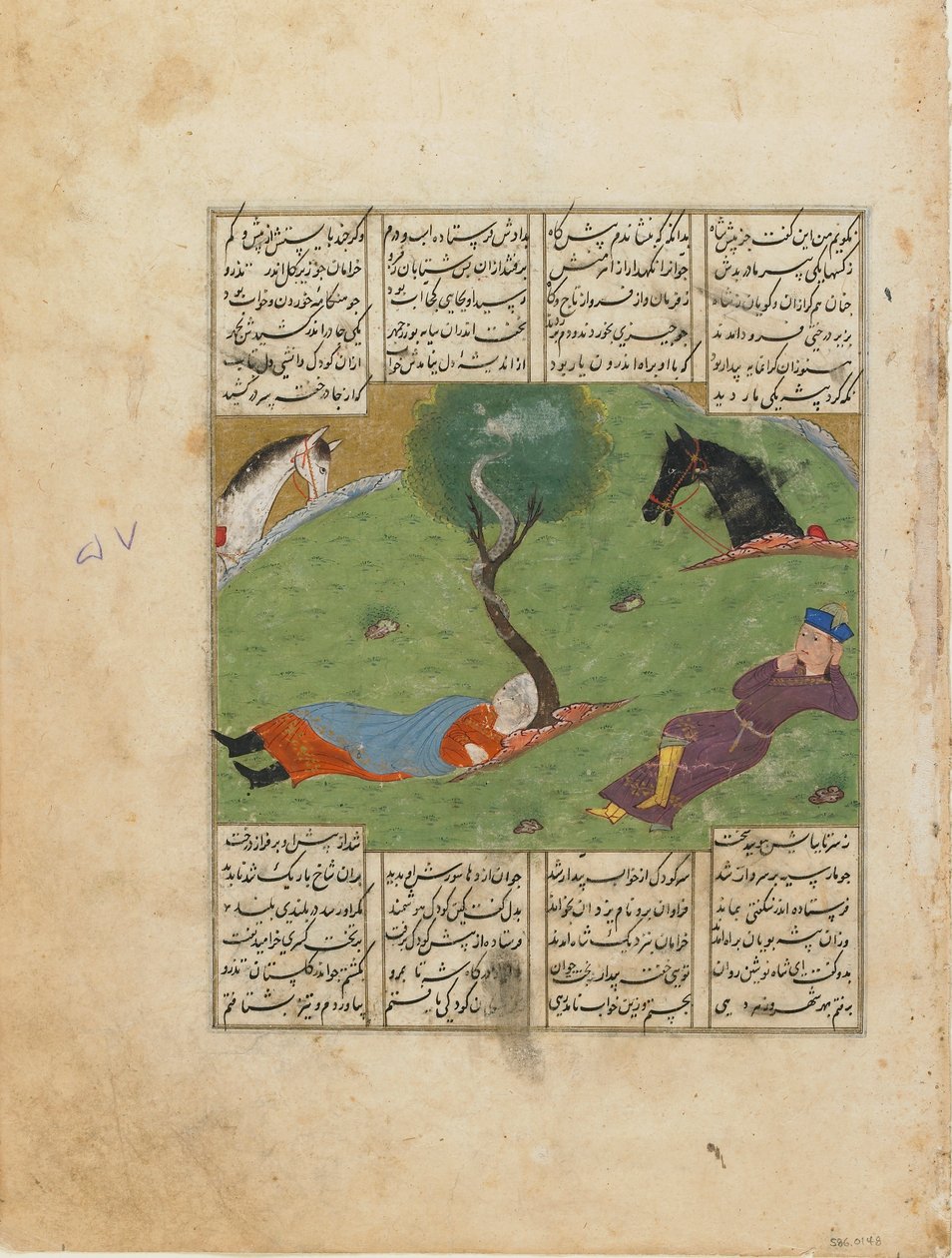 Folio fra en Shahnama (Kongenes bok) av Firdawsi (d.1020); recto: Nushirwans Dream, Iran, ca. 1440 (ugjennomsiktig akvarell, blekk og gull på papir) av Persian School