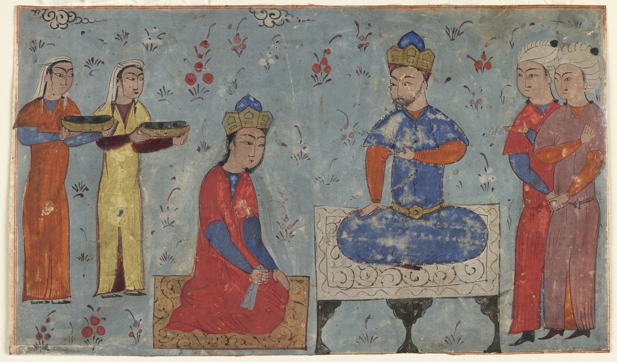 Folio fra en Shahnama (Kongenes bok) av Firdawsi (d.1020); recto: Sindukht Before Sam, Iran (ugjennomsiktig akvarell, blekk og gull på papir) av Persian School