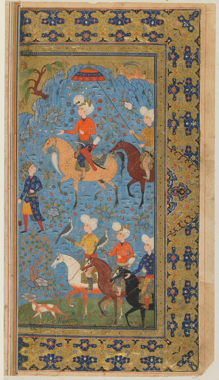 Folio fra en Shahnama (Kongenes bok) av Firdawsi; A Royal Hunt, Iran, ca. 1590-1600 (ugjennomsiktig akvarell, blekk og gull på papir) av Persian School