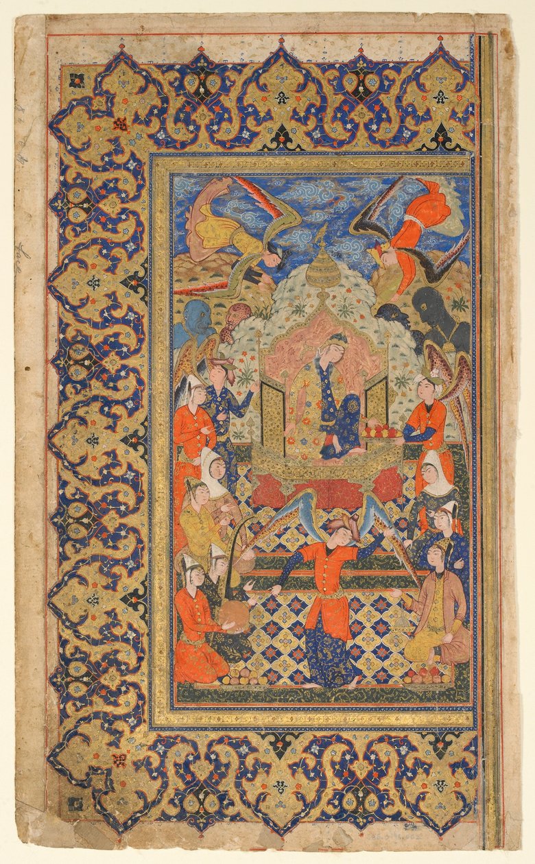 Folio fra en Shahnama (Kongenes bok) av Firdawsi; recto: Bilqis Enthroned; verso: forordstekst, Shiraz, Fars, Iran, Safavid-perioden, ca. 1590-1600 (ugjennomsiktig akvarell, blekk og gull på papir) av Persian School