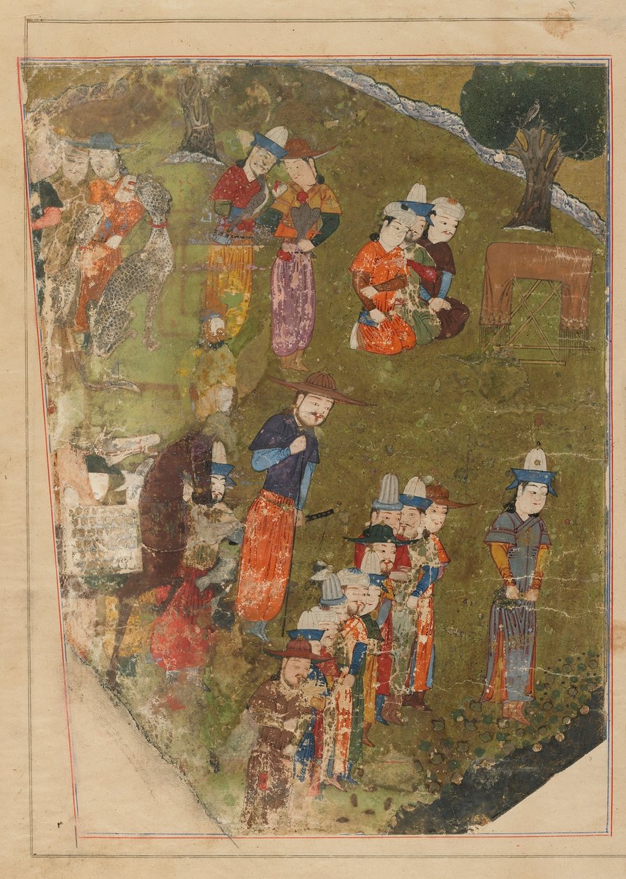 Folio fra en Zafarnama; recto: Timur gir et publikum i anledning av hans tiltredelse til tronen på Balkh; verso: tekst, Shiraz, Iran, Timurid-perioden, 1436 (ugjennomsiktig akvarell, blekk og gull på pa) av Persian School