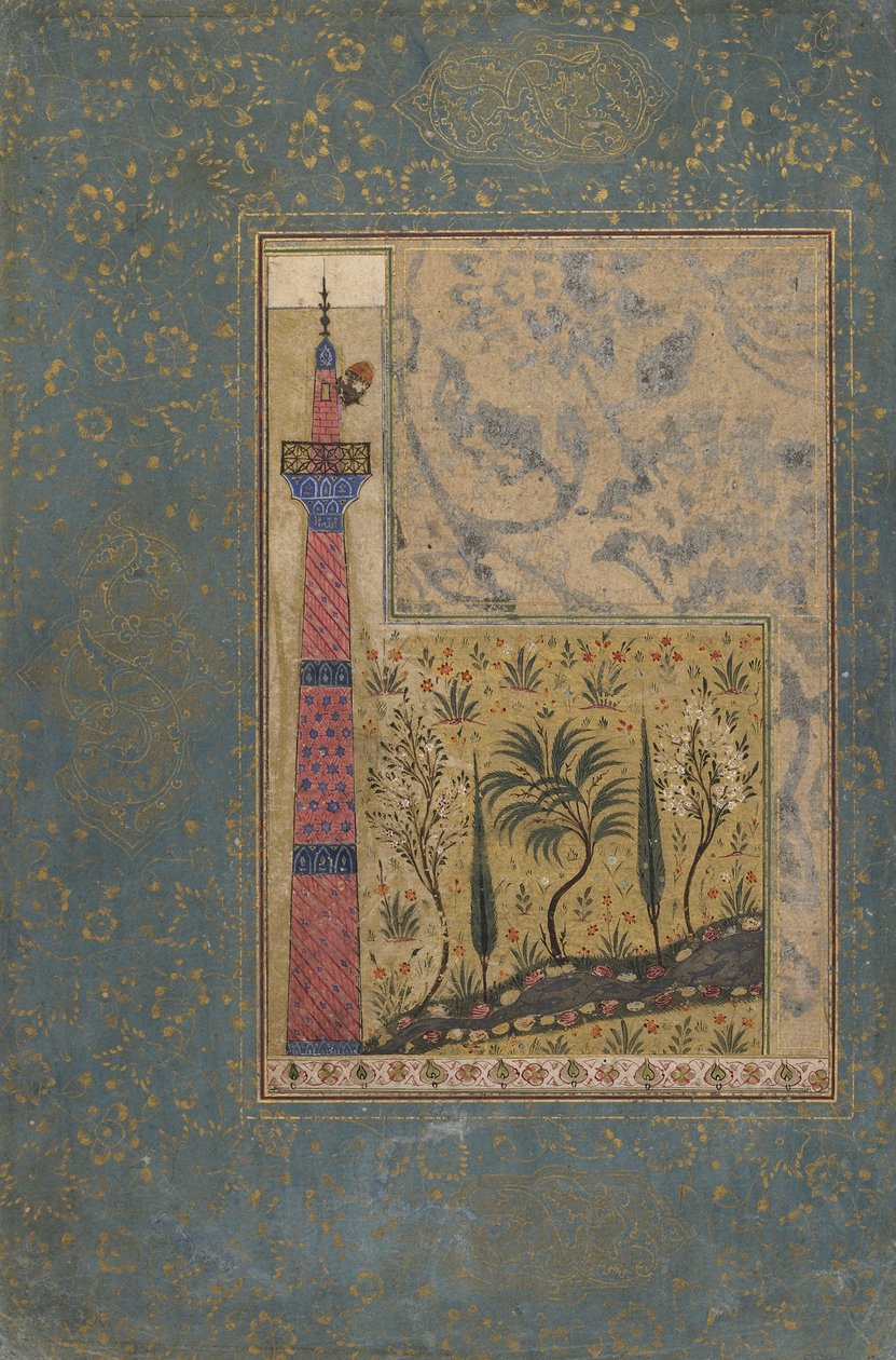 Folio fra en antologi; Mann på toppen av en minaret, Iran, 1417-18 (ugjennomsiktig akvarell og gull på papir) av Persian School
