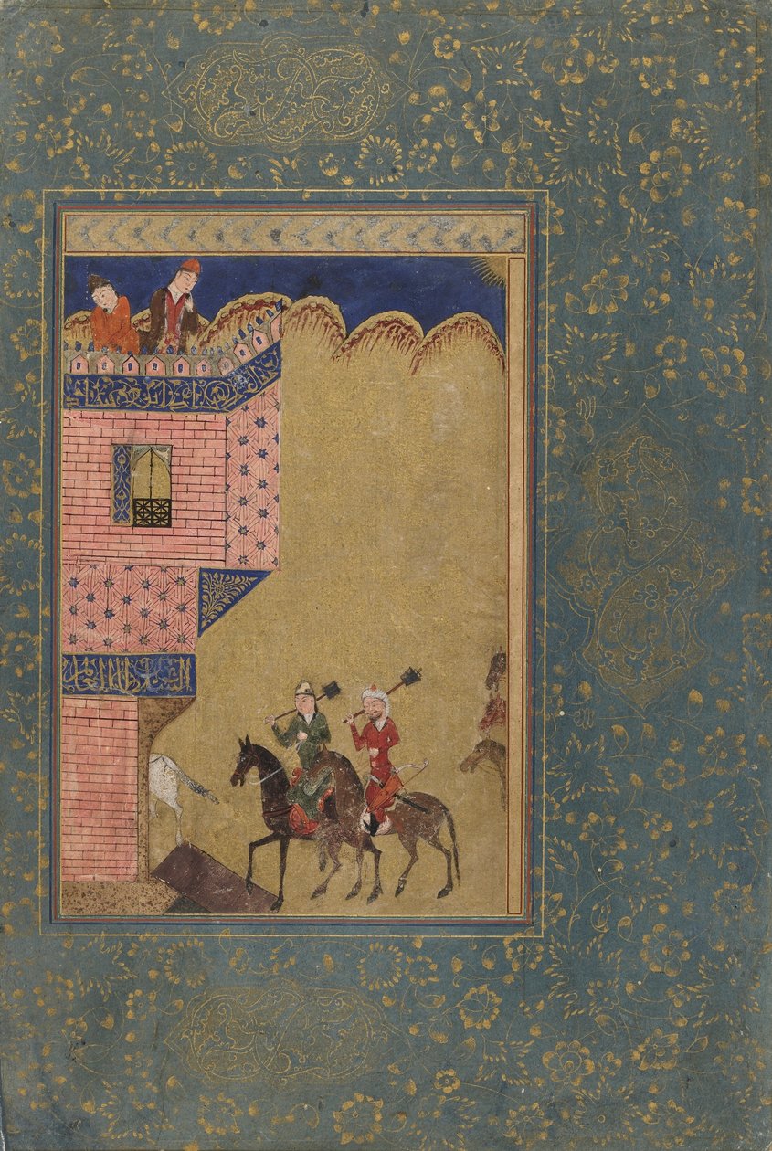 Folio fra en antologi; Two Riders Carrying Maces Approaching a Building, Iran, 1417-18 (ugjennomsiktig akvarell og gull på papir) av Persian School