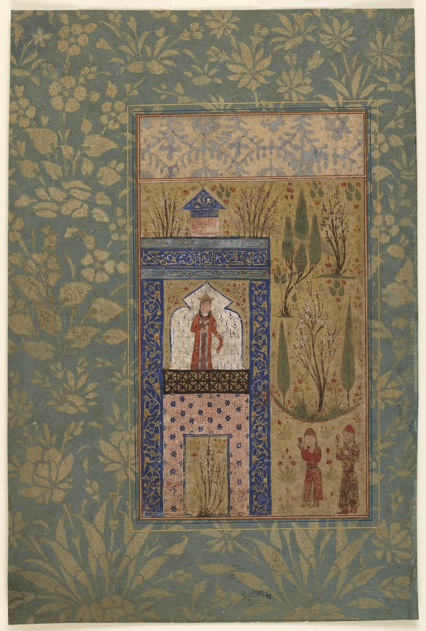 Folio fra en antologi; To ungdommer foran en prinsesse ved et vindu, Iran, 1417-18 (ugjennomsiktig akvarell og gull på papir) av Persian School
