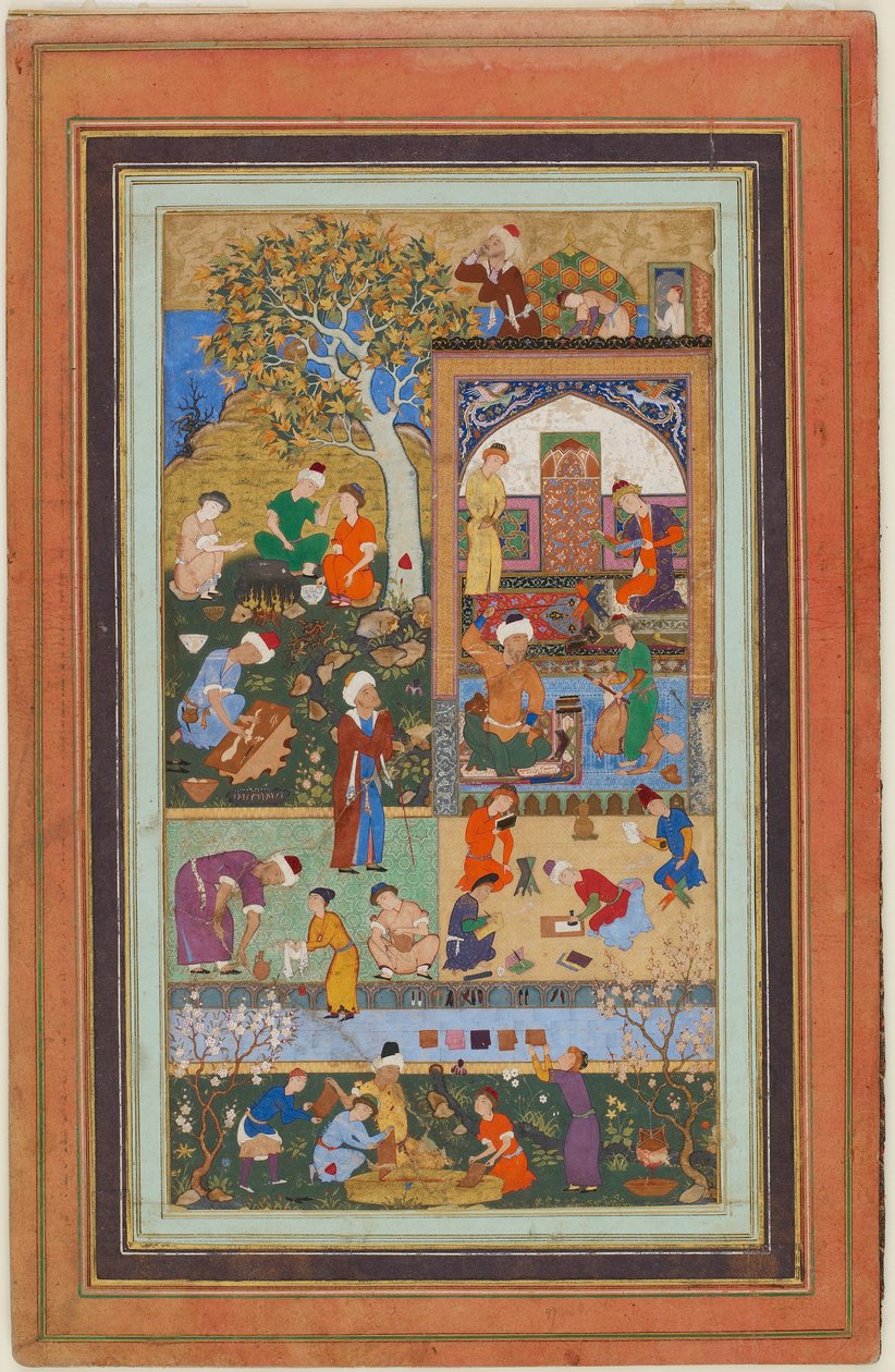 Folio fra et album; A School Scene, Tabriz, Iran, Safavid-perioden, ca. 1540 (ugjennomsiktig akvarell, blekk og gull på papir) av Persian School