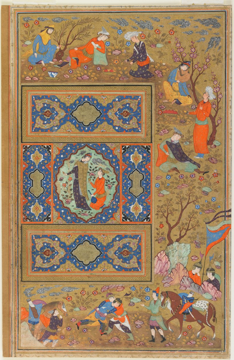 Folio fra et album; verso: Et par elskere, Isfahan, Iran, Safavid-perioden, 1590-1610 (ugjennomsiktig akvarell, blekk og gull på papir) av Persian School