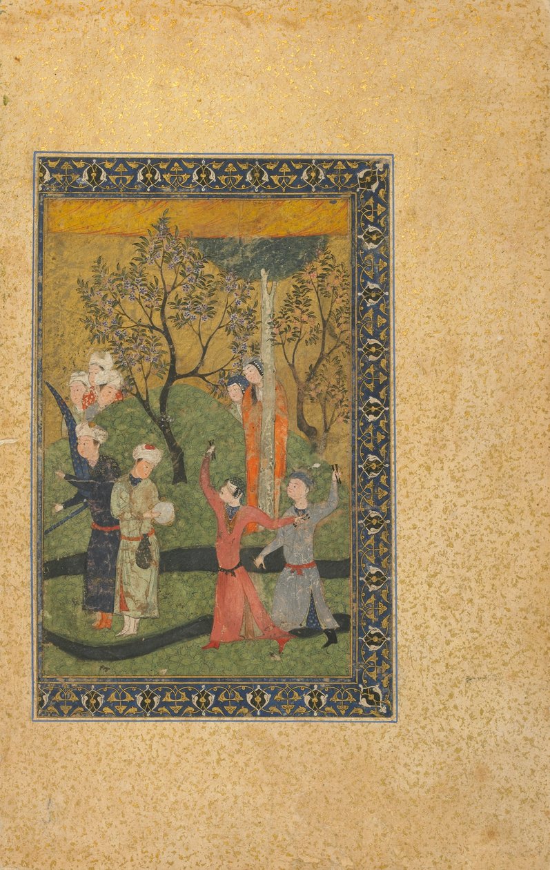 Folio fra en uidentifisert tekst; En prins og prinsesse omgitt av hoffmenn i en hage, Iran, turkomansk periode, ca. 1480 (ugjennomsiktig akvarell, blekk og gull på papir) av Persian School