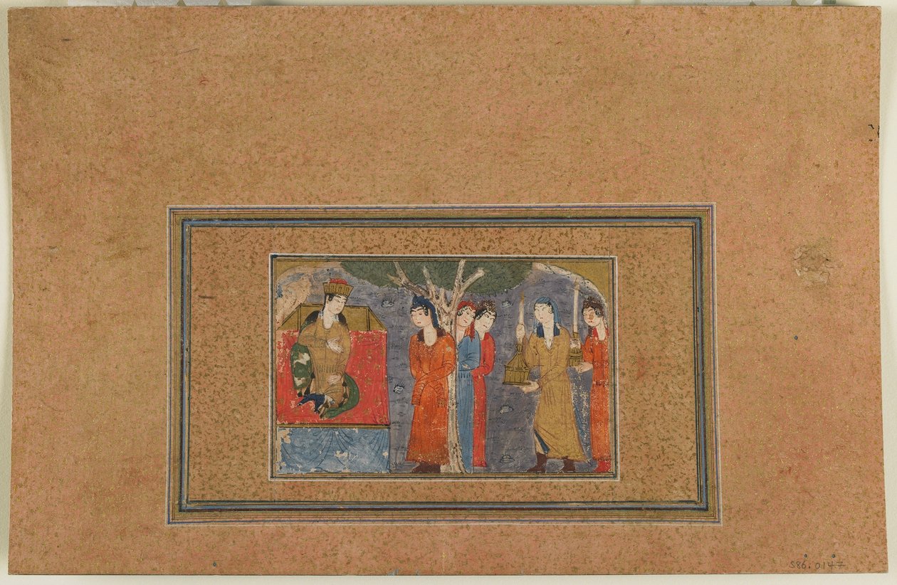 Folio fra en uidentifisert tekst; A Princess Enthroned, Iran, ca. 1440-50 (ugjennomsiktig akvarell, blekk og gull på papir) av Persian School