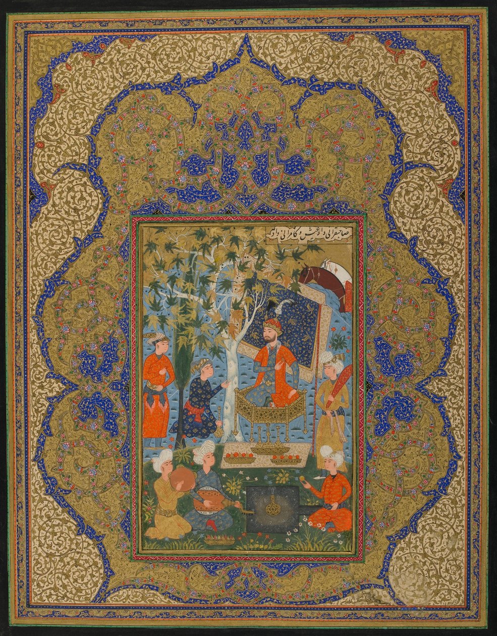 Folio fra en uidentifisert tekst; A Ruler Enthroned, muligens Khurasan, Iran, ca. 1590 (ugjennomsiktig akvarell, blekk og gull på papir) av Persian School
