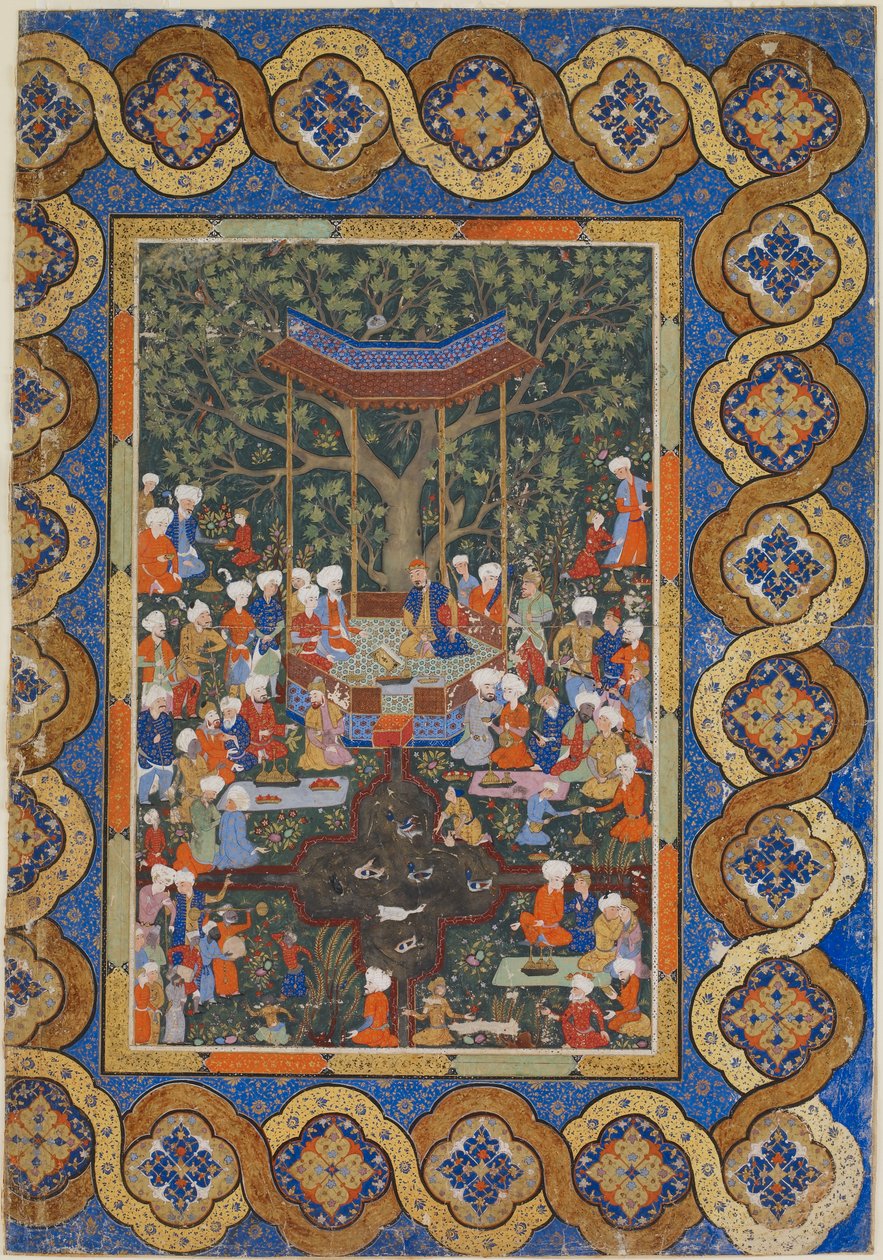 Folio fra en uidentifisert tekst; En linjal i en hagepaviljong omgitt av hoffmenn og betjenter (ugjennomsiktig akvarell, blekk og gull på papir) av Persian School
