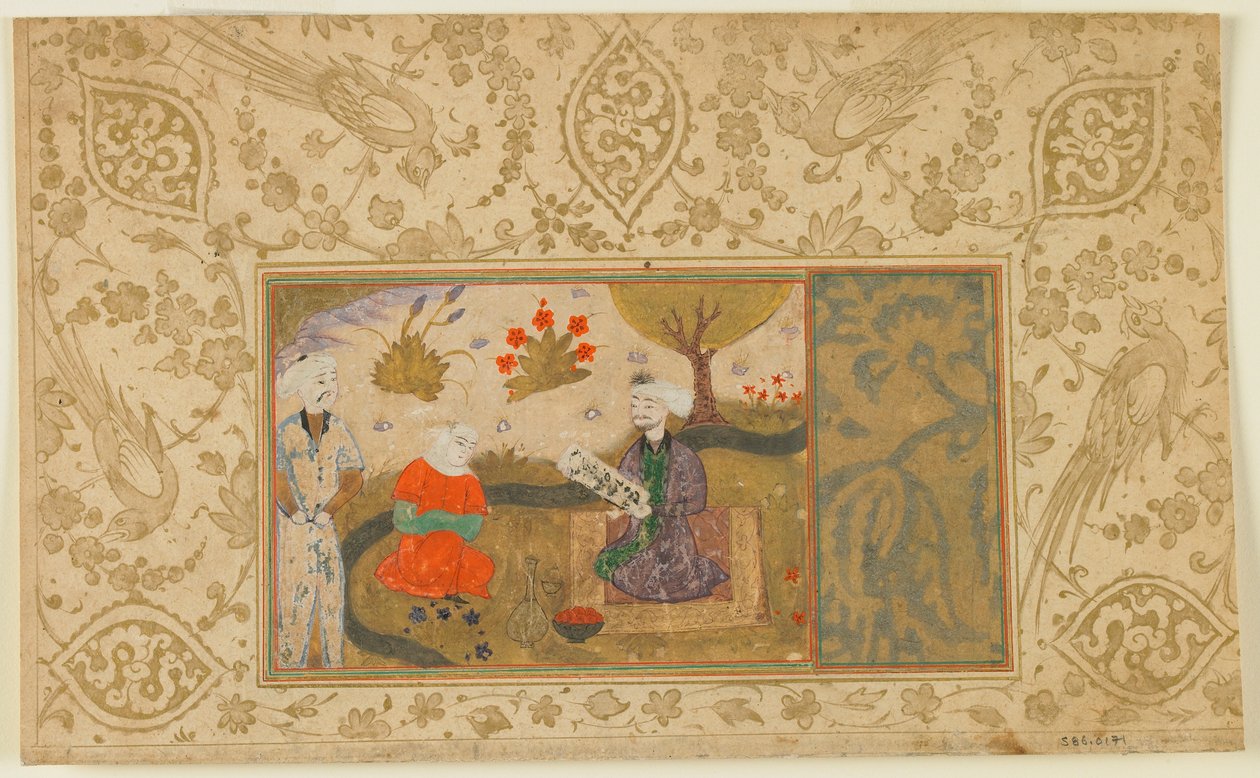 Folio fra en uidentifisert tekst; En kvinne snakker med en sittende mann ved en bekk, Iran, ca. 1500 (ugjennomsiktig akvarell, blekk og gull på papir) av Persian School
