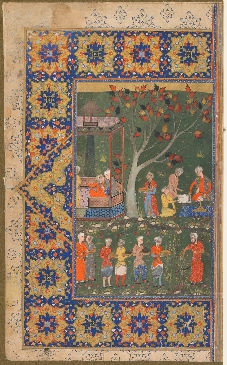 Folio fra en uidentifisert tekst; recto:A Party in a Garden, Shiraz, Iran, ca. 1570 (ugjennomsiktig akvarell, blekk og gull på papir) av Persian School