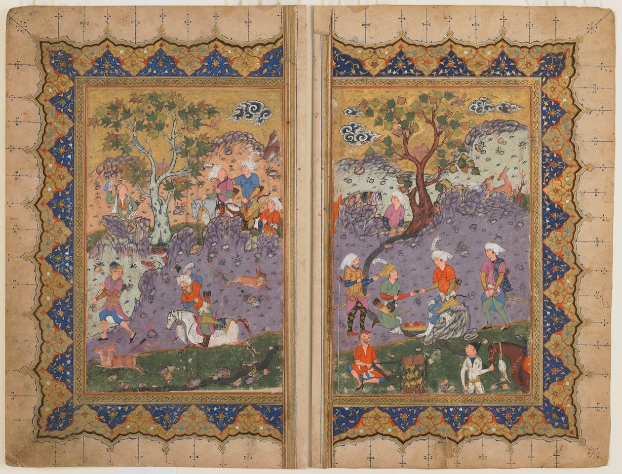 Folio fra en uidentifisert tekst; verso: En prins som sitter på en stein omgitt av tjenere, Isfahan, Iran, ca. 1600 (ugjennomsiktig akvarell, blekk og gull på papir) av Persian School