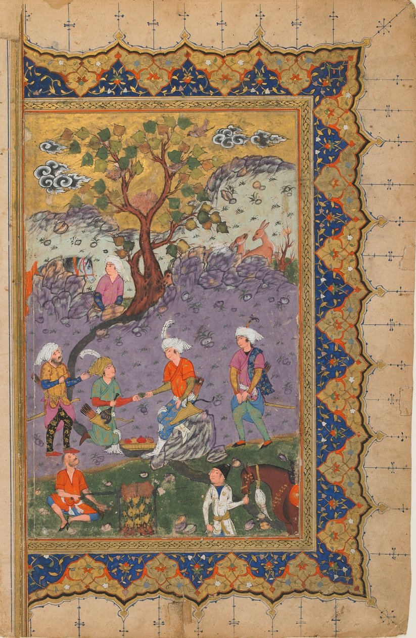 Folio fra en uidentifisert tekst; verso: En prins som sitter på en stein omgitt av tjenere, Isfahan, Iran, ca. 1600 (ugjennomsiktig akvarell, blekk og gull på papir) av Persian School