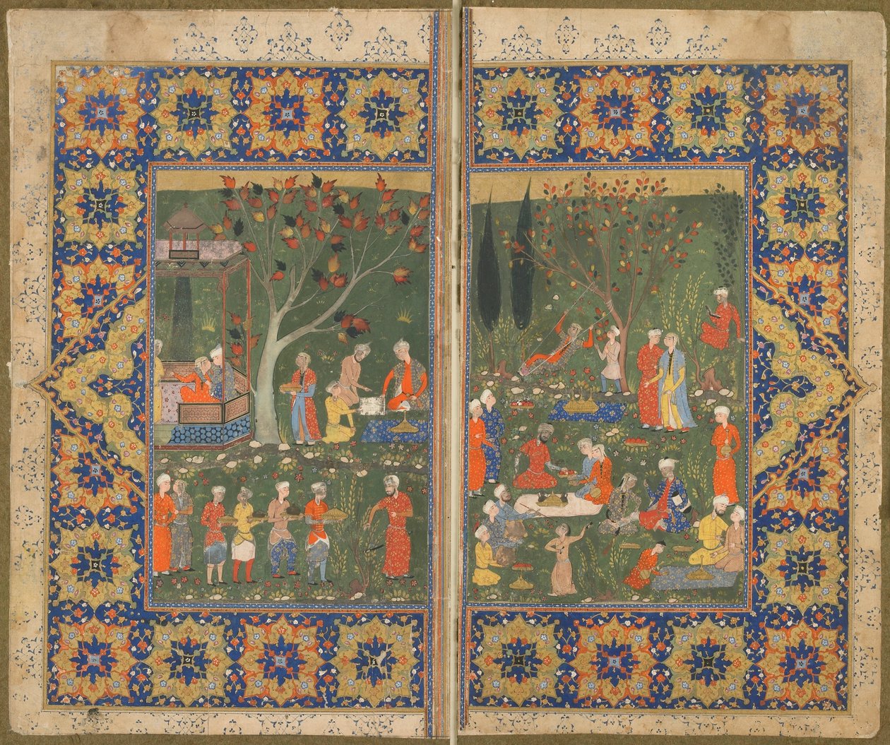 Folio fra en uidentifisert tekst; verso: En fest i en hage, Shiraz, Iran, ca. 1570 (ugjennomsiktig akvarell, blekk og gull på papir) av Persian School