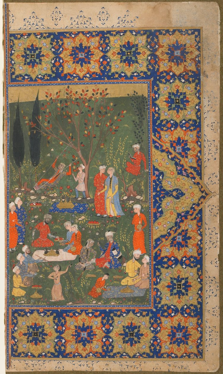 Folio fra en uidentifisert tekst; verso: En fest i en hage, Shiraz, Iran, ca. 1570 (ugjennomsiktig akvarell, blekk og gull på papir) av Persian School