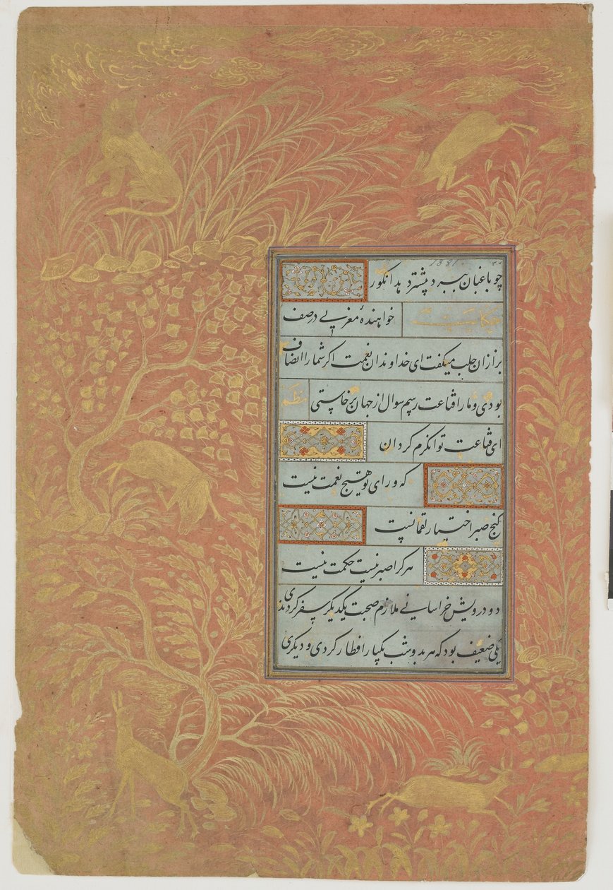 Folio av kalligrafi, Iran, Safavid-dynastiet (blekk, ugjennomsiktig akvarell og gull på papir) av Persian School