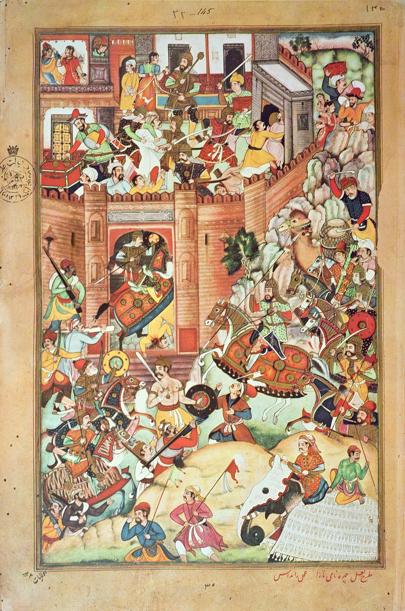 Genghis Khan fanger en kinesisk by, miniatyr fra 'Persian History of Genghis Khan' fullført i 1596 av Persian School