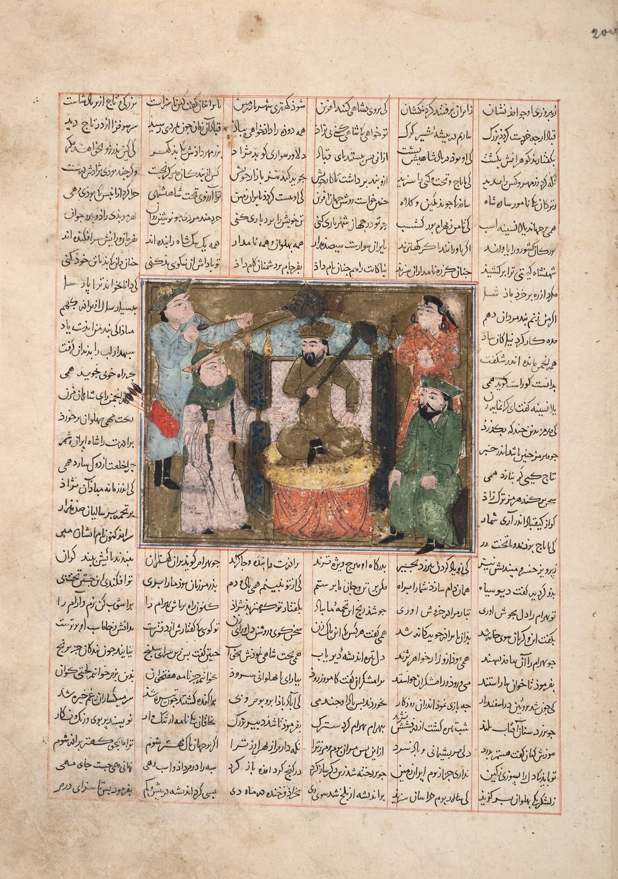 Gordiyeh råder broren Bahram Chubineh til ikke å strebe etter den persiske tronen, ca. 1330 (ugjennomsiktig wc, gull og blekk på papir) av Persian School