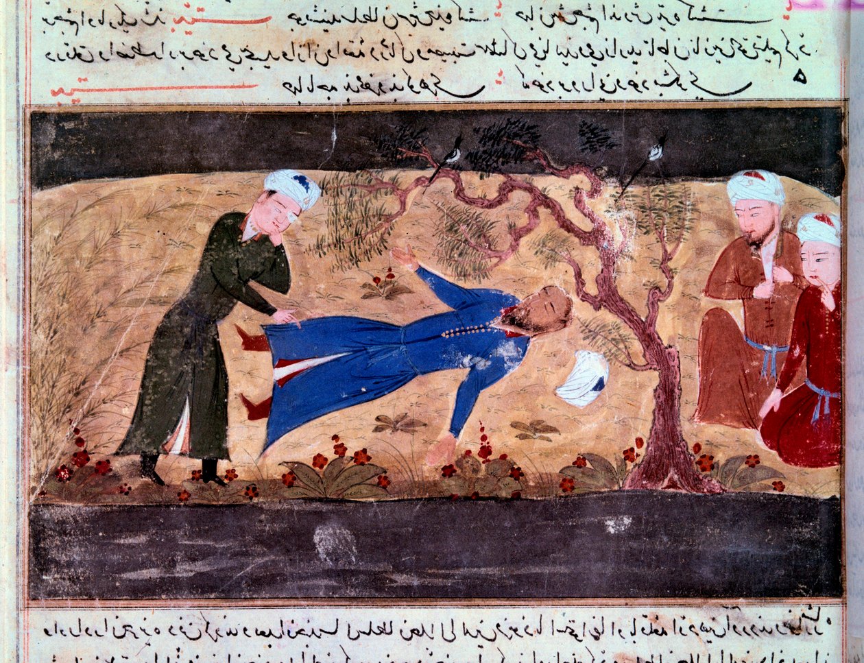 Mongolenes historie: Muhammad hwarazmshahs død. Manuskript ""Sum of Stories (Djame al-tavarikh) (Djame al-tavarikh)" (Folio 60v) av Rachid al-Din Fazl-ollah (Fazl ollah) Hamadani av Persian School