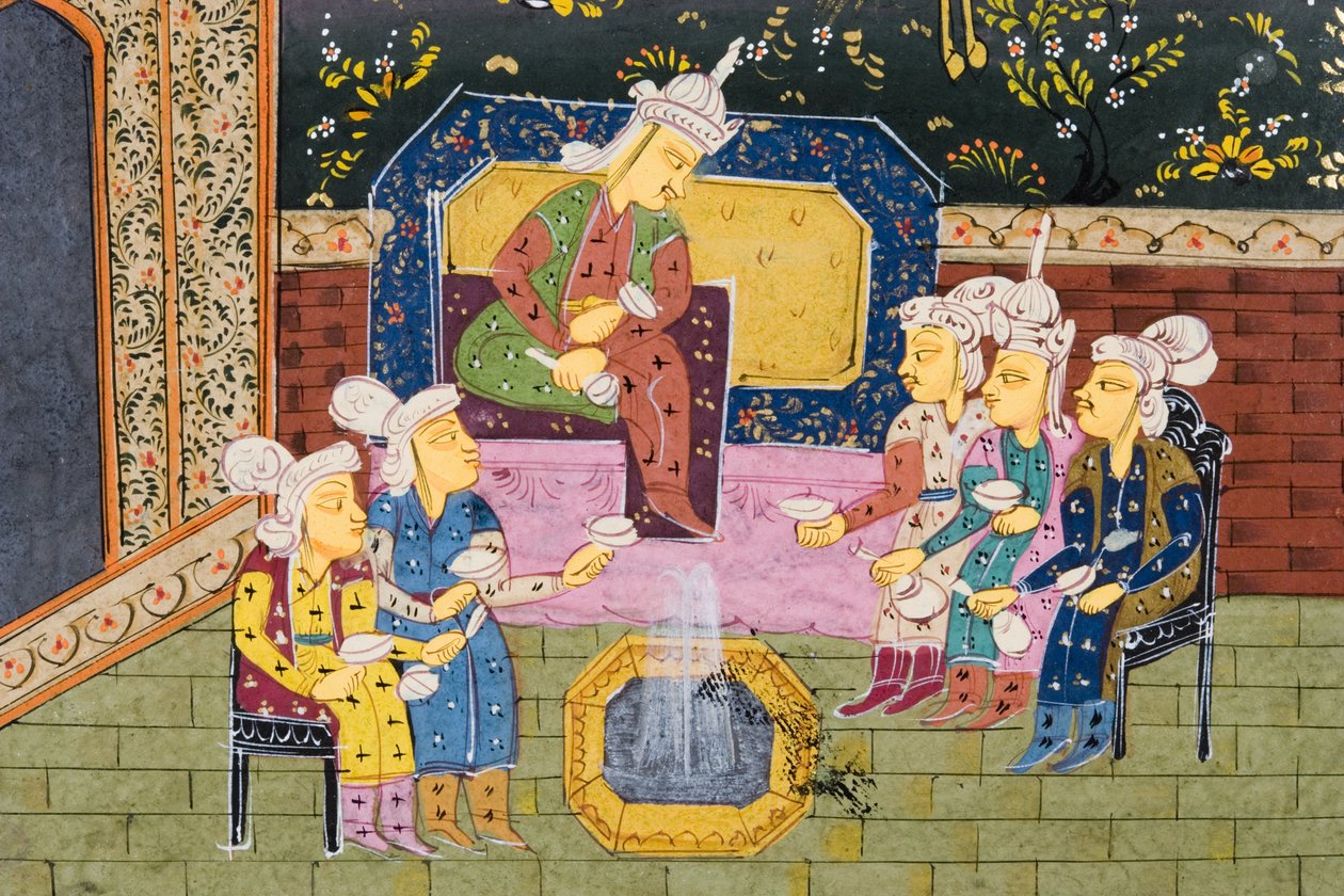 Jegere og favoritter som drikker med noble eller King (ugjennomsiktig wc på papir) (detalj av 272912) av Persian School